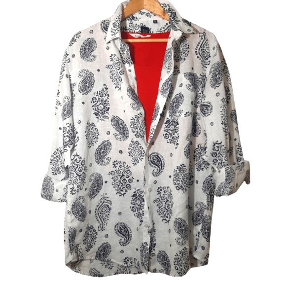 SAKS FIFTH AVENUE  BLUE 100% LINEN slim fit button front shirt Size L Paisley - Picture 2 of 16